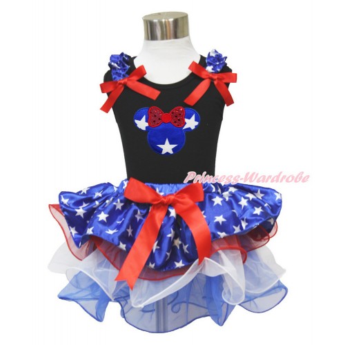 American's Birthday Black Baby Pettitop with Patriotic American Star Ruffles & Red Bow with Patriotic American Star Minnie Print with Red Bow Patriotic American Star Red White Blue Petal Newborn Pettiskirt NG1541